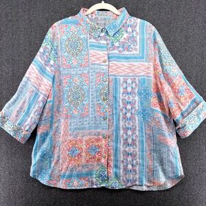 Chicos 100% Linen Coastal Patchwork Print No Iron Button Up Shirt Top Women 3